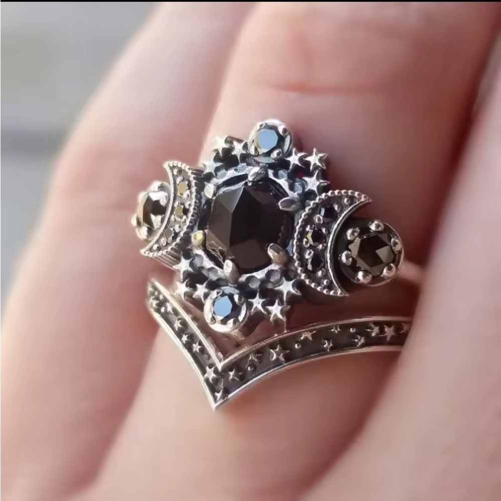 Moon vintage Silver and Black rhinestones crystal Women's Ring